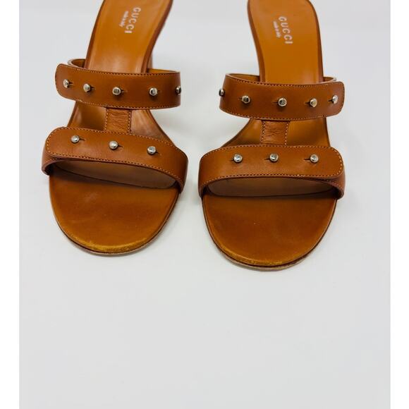 GUCCI Brown Studded Strappy Sandal Kitten Heel 7.5/37.5 - Picture 3 of 8
